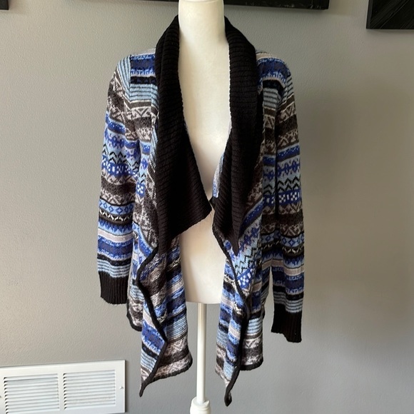 Kensie Blue Patterned Striped Open Front Waterfall Cardigan - Picture 1 of 8